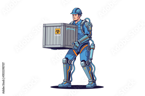 Futuristic Delivery Man in Blue Hazmat Suit Holding Gray Container with Biohazard Symbol in Cartoon Style with Bright Lighting on White Background for Logistics Advertising