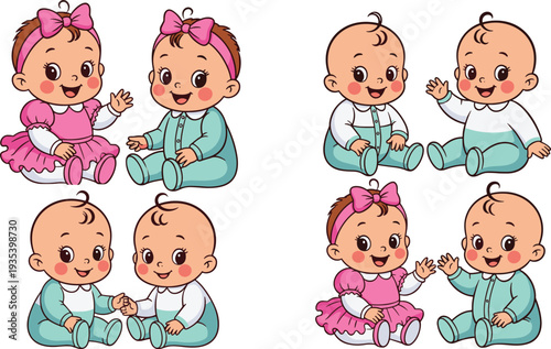Cute baby girl and boy cartoon characters set, adorable toddler twins vector illustration isolated on light background for nursery design and kids projects