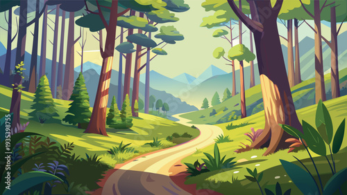 A serene forest path bathed in soft dappled sunlight and surrounded by lush greenery.