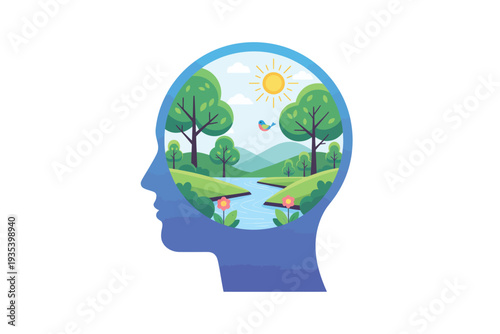 Human Head with Serene Landscape Inside in Calm Blue Tones with Soft Lighting for Mental Health Awareness