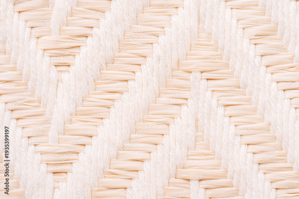 Fototapeta premium Light beige woven texture background, natural fabric pattern close up with copy space.