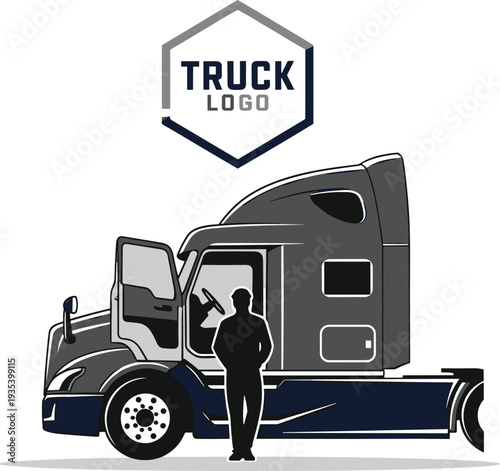 Semi truck driver with cargo transport vehicle vector illustration, professional trucking industry concept showing delivery truck and driver silhouette for logistics company branding design.