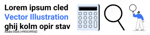 Calculator, magnifying glass, and a person holding a balloon emphasize problem-solving, search, and curiosity. Ideal for education, analysis, discovery, learning research innovation teamwork