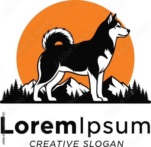 Siberian husky dog logo standing before mountain forest landscape with sunset circle background, modern wildlife mascot emblem for outdoor brand, adventure company or pet business.