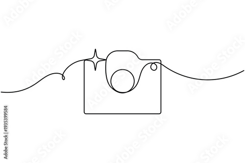 Camera with sparkles sign icon continuous one line art drawing on white background minimalist photo enhancement line symbol outline vector illustration