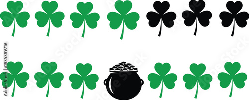 Shamrock Clover and Pot of Gold Icon Set Vector Illustration St Patrick Day Lucky Irish Symbol Collection for Holiday Decoration Design