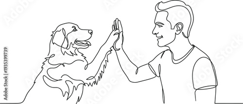 Modern minimalist one line drawing of a young man and his golden retriever dog giving a high five together vector