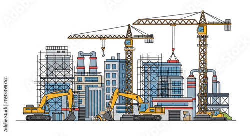 Construction site with cranes and buildings under development, urban landscape.