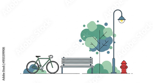 A vibrant illustration of a bicycle, bench, and street lamp in a park setting.