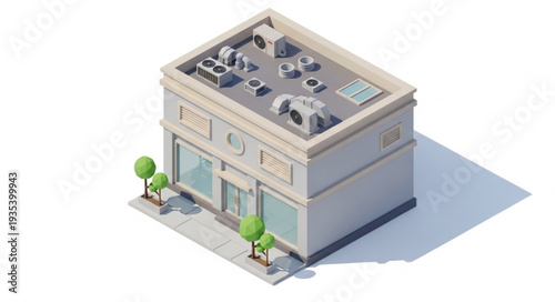 Isometric view of a commercial building with air conditioning units on the roof.