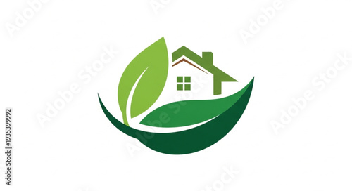 Eco-friendly home logo with green leaves and house symbol.