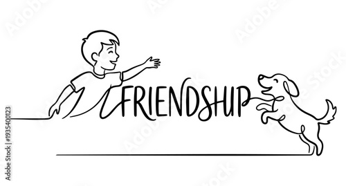 A boy plays with a dog, the drawing is made with lines of different thicknesses. The word FRIENDSHIP is inscribed in a line. Minimalism