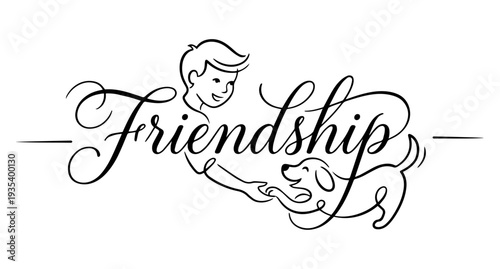 A boy plays with a dog, the drawing is made with lines of different thicknesses. The word FRIENDSHIP is inscribed in a line. Minimalism