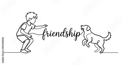 A boy plays with a dog, the drawing is made with lines of different thicknesses. The word FRIENDSHIP is inscribed in a line. Minimalism