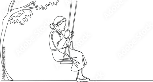 Elderly Woman Sitting on Swing Under Tree Continuous Line Art Minimalist Black and White Vector Illustration