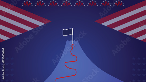 American Flag On Summit With Winding Path Symbolizing Achievement, Goal Setting And Patriotism