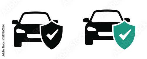 Car protection and safety icons with shield and checkmark