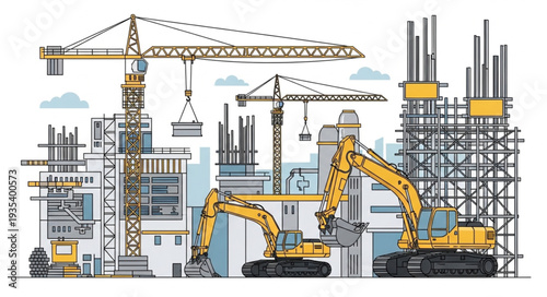 Construction site with cranes and excavators, building new structures.