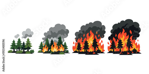 Wildfire spreading through a forest, illustrating the destructive stages of a blaze with increasing smoke and flames
