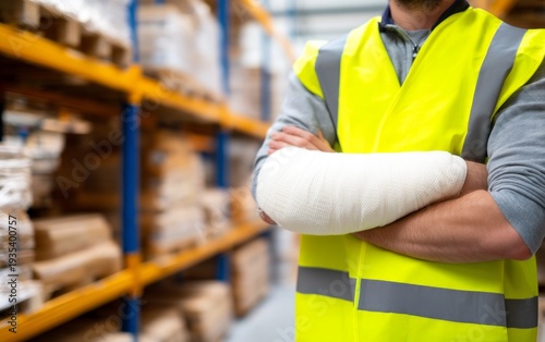 Warehouse Worker with Arm Cast in Safety Vest