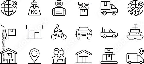 Logistics and delivery line icons set shipping truck warehouse drone transport vector outline symbols isolated