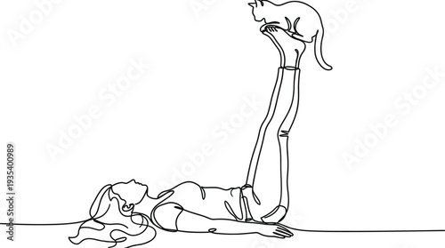Modern minimalist one line drawing of a young woman lying down and balancing a small cat on her feet vector