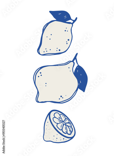 Retro poster with lemons and leaves in freehand technique for banners, cards, stickers, product packaging, EPS 10