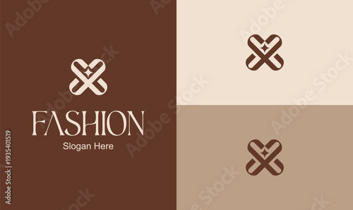 Elegant fashion boutique logo with minimalist monogram emblem, luxury brown and beige brand identity design for clothing.