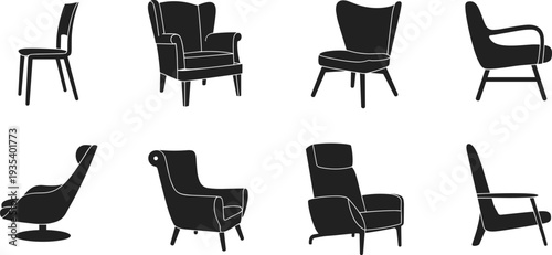 Modern chair furniture silhouette icon set featuring armchair, lounge chair, dining chair and interior seating design collection