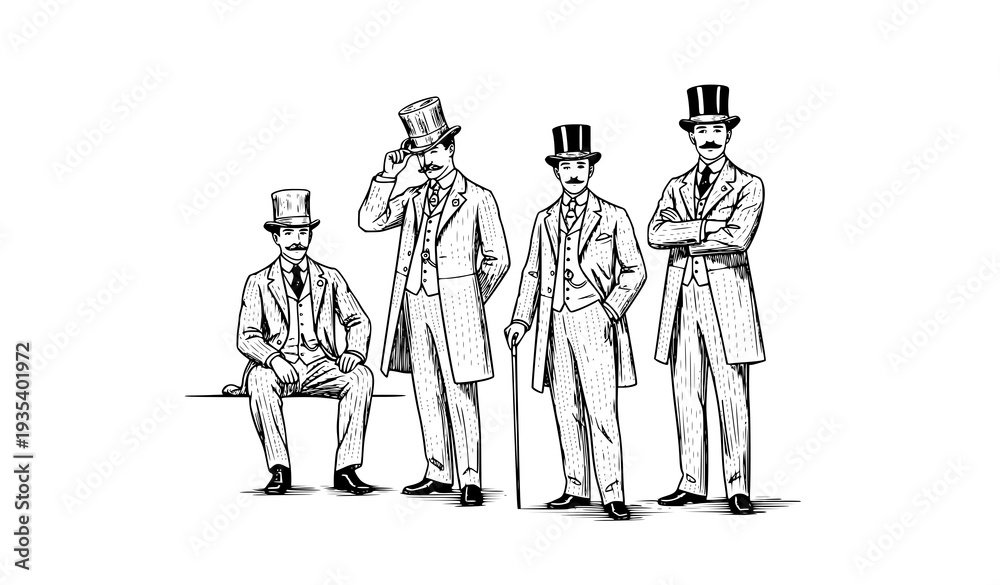 Αυτοκόλλητο Edwardian Era Formal Men in Top Hats Classic Black and White Fashion Vector Set