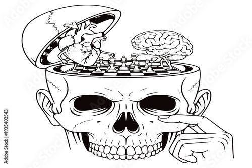Heart and Brain Playing Chess Inside Human Skull 