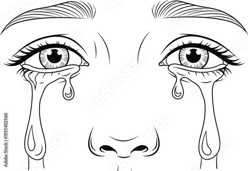 Crying Woman Eyes with Flowing Tears Emotional Expression Line Art Black and White Vector Illustration