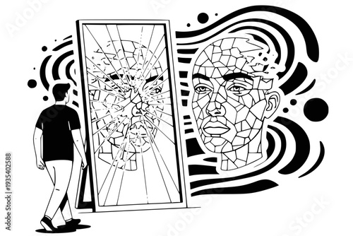 Man Looking at Broken Mirror with Shattered Face Reflection Concept