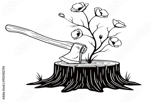 Flowers Growing from a Tree Stump with an Axe Symbol of Resilience

