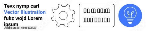 Technology, coding, programming, innovation, digital tools, creativity. Gear, binary code and light bulb elements. Technology and coding concepts illustrated through symbols