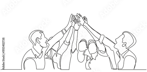 One line drawing of a business team high-fiving, symbolizing teamwork, unity, and success. continuous line businessmen and businesswomen celebrating their successive goals vector illustration