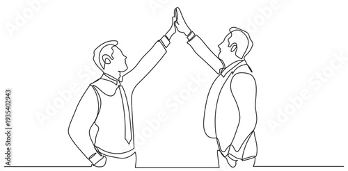 Continuous line drawing of two businessmen celebrating and giving a high five, teamwork, partnership, success, and business achievement. Minimalist line art on a white background.