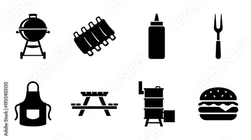 BBQ Icon Set – Outdoor Grilling Illustrations Featuring Charcoal Grill, Ribs, Sauce Bottle, Meat Fork, Apron, Picnic Table, Smoker Grill, and Hamburger
