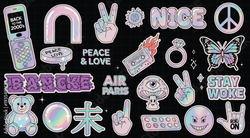Holographic stickers with peace love and rock music symbols on black background with pastel colors and glitter effect