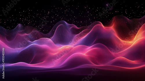 Dynamic Abstract Landscape of Luminous Particle Waves in Radiant Pink, Purple, and Orange Hues Under Sparkling Starlit Cosmos