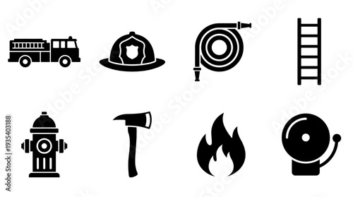 Firefighting Icon Set – Emergency Response Illustrations Featuring Fire Truck, Helmet, Fire Hose, Ladder, Hydrant, Axe, Flame Symbol, and Alarm Bell