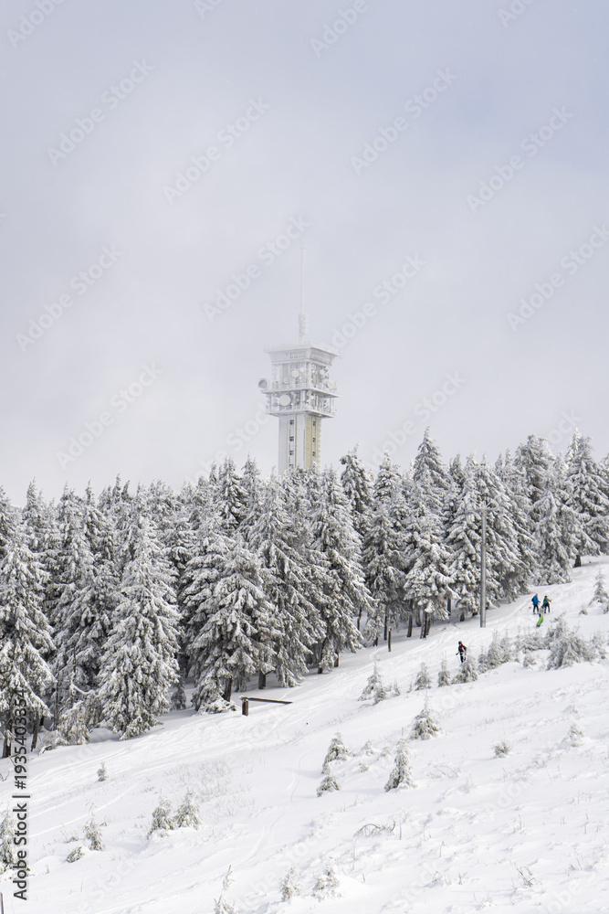 Fototapeta premium Telecommunication tower on snowy hill surrounded by winter forest. Antenna infrastructure rising above snow-covered trees in cold mountain landscape.