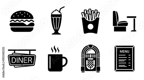 Diner Icon Set – Classic American Restaurant Illustrations Featuring Burger, Milkshake, Fries, Booth Seat, Diner Sign, Coffee Cup, Jukebox, and Menu Board