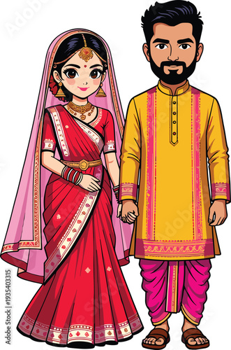 Cute Indian wedding couple cartoon illustration in traditional bridal saree and groom sherwani attire, colorful flat vector characters isolated on light background