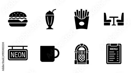 Diner Icon Set – Classic American Restaurant Illustrations Featuring Burger, Milkshake, Fries, Booth Seat, Diner Sign, Coffee Cup, Jukebox, and Menu Board