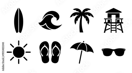 Beach Icon Set – Summer Vacation Illustrations Featuring Surfboard, Wave, Palm Tree, Lifeguard Tower, Sun, Flip‑Flops, Beach Umbrella, and Sunglasses for Coastal Designs