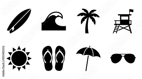 Beach Icon Set – Summer Vacation Illustrations Featuring Surfboard, Wave, Palm Tree, Lifeguard Tower, Sun, Flip‑Flops, Beach Umbrella, and Sunglasses for Coastal Designs