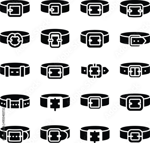 Black and White Belt Icons Collection, high contrast buckle designs with prong snap and pin closures