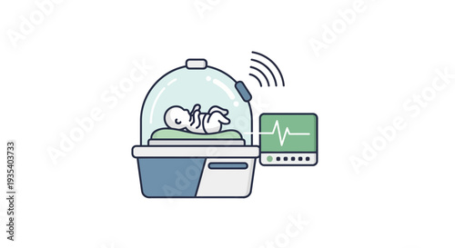 Newborn baby in incubator with medical monitor and wireless connection