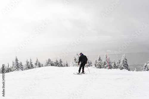 Fotografie Skier standing on snowy mountain slope surrounded by winter landscape and forest
